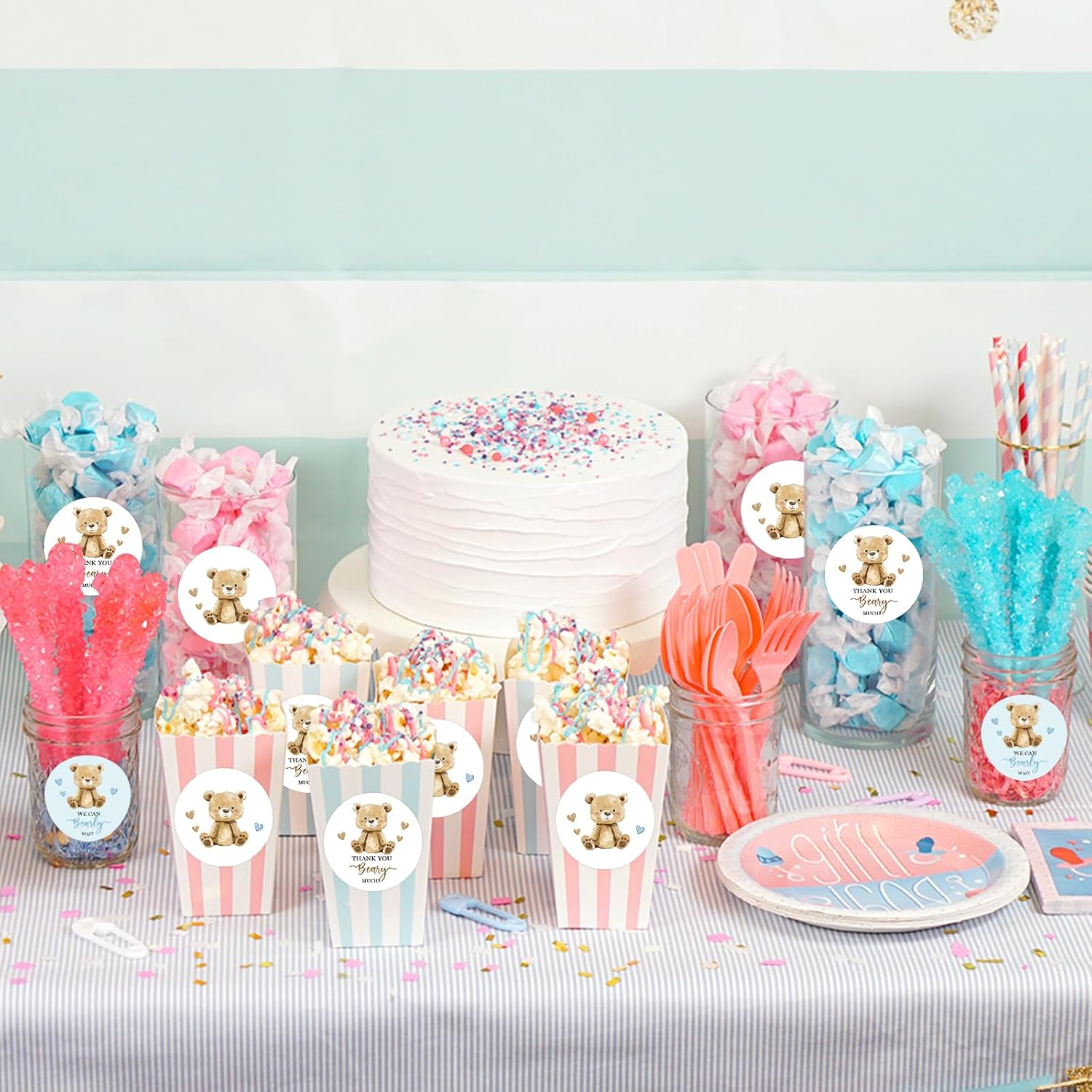 60pcs Boho Bear We Can Bearly Wait Stickers, Thank You Bearly Much Stickers, Beary First Birthday Round Labels, Boho Bear Gender Reveal/Pregnancy Announcement Party Favors - Image 5
