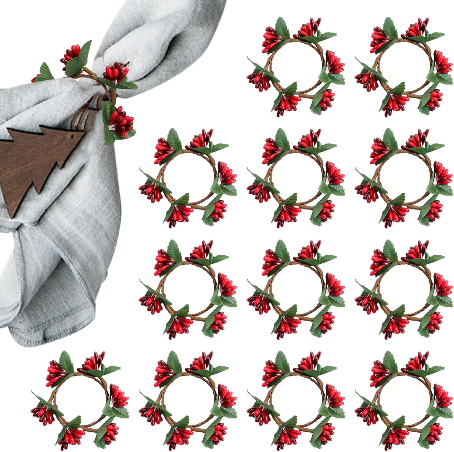 YYBD 12Pcs Christmas Napkin Rings Rustic Red Berry Napkin Rings Set