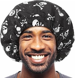 Shower Cap for Men Skulls Bath Cap, Reversible Large Waterproof Adjustable Shower Caps Terry Lining & Elastic Band Stretch Hem Hair Hat