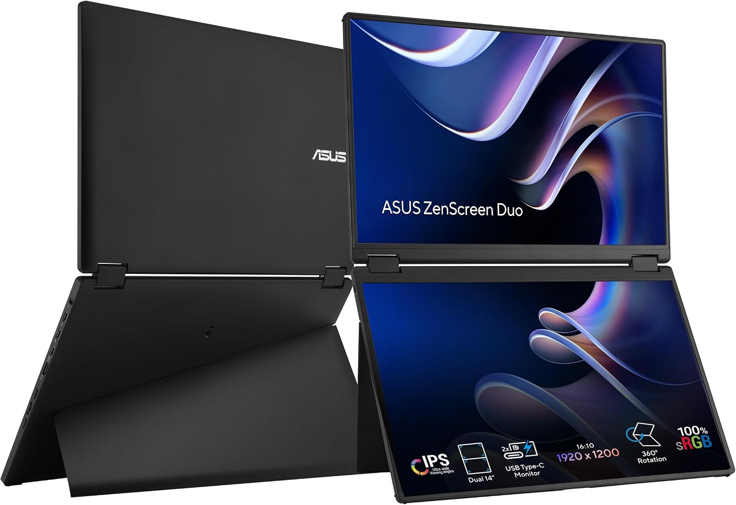 ASUS ZenScreen Duo Dual 14" 360° Foldable Portable Monitor (MB14FCD) - 16:10, 1920x1200 Full HD, IPS, Power Pass-Through, Dual USB-C, Mini-HDMI, Eye Care, Auto-Rotate, Sleek Design, 3 yr Warranty