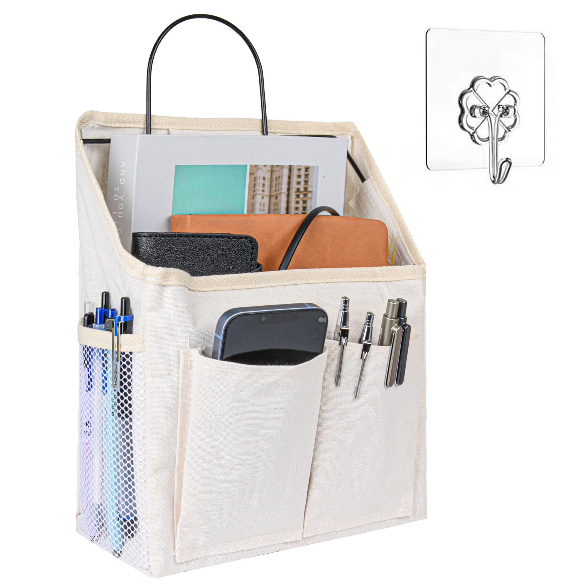 Organizador de pared, organizador colgante con ganchos adhesivos, estante colgante con bolsillos, adecuado para dormitorio, cocina, baño, dormitorio, organizador colgante (blanco)
