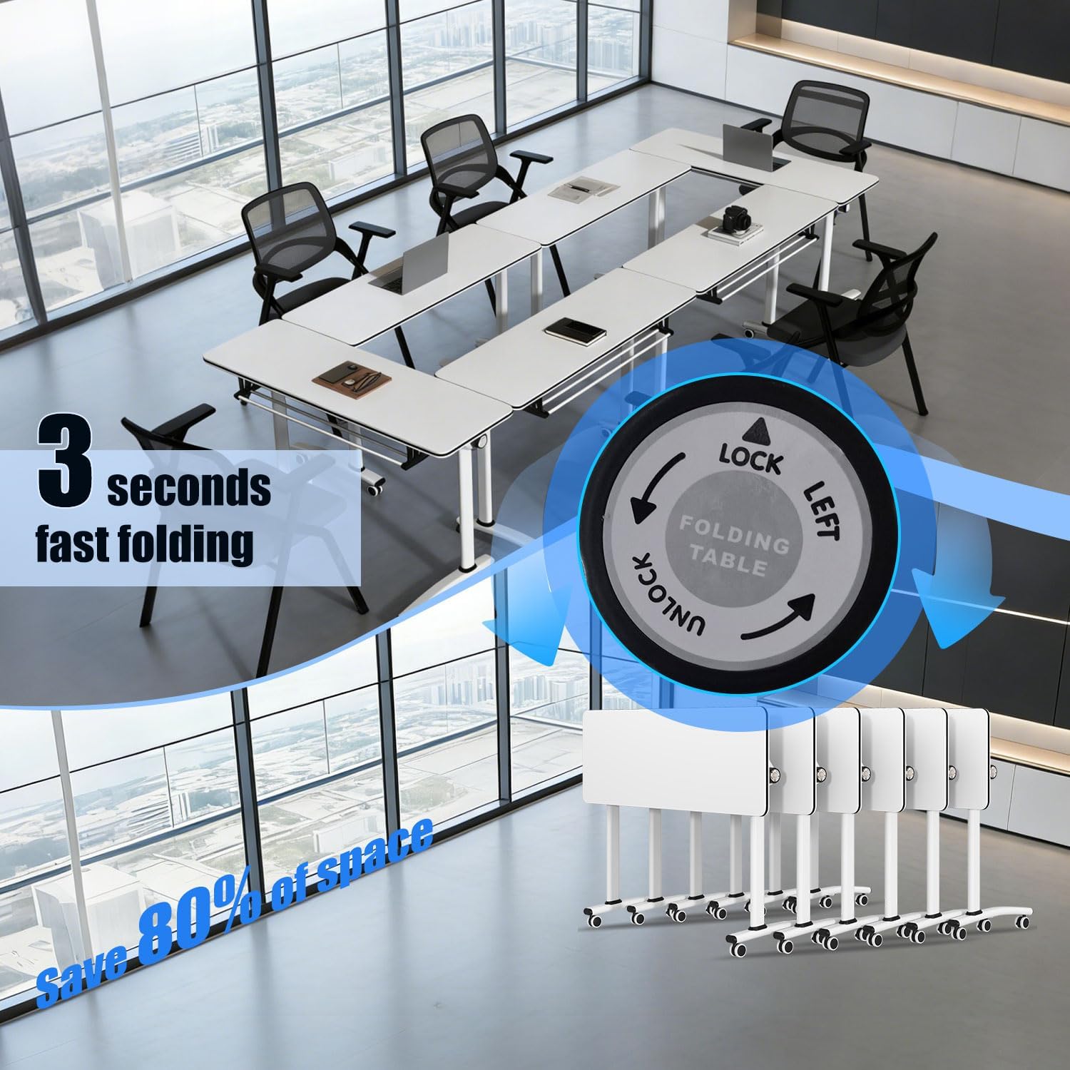 Folding Conference Room Table with Wheels,Modular Conference Tables Seminar Table with Grommet,Stability Enhancement,Fold Up Rolling Conference Table for Office (8, White-Small, 47.2)