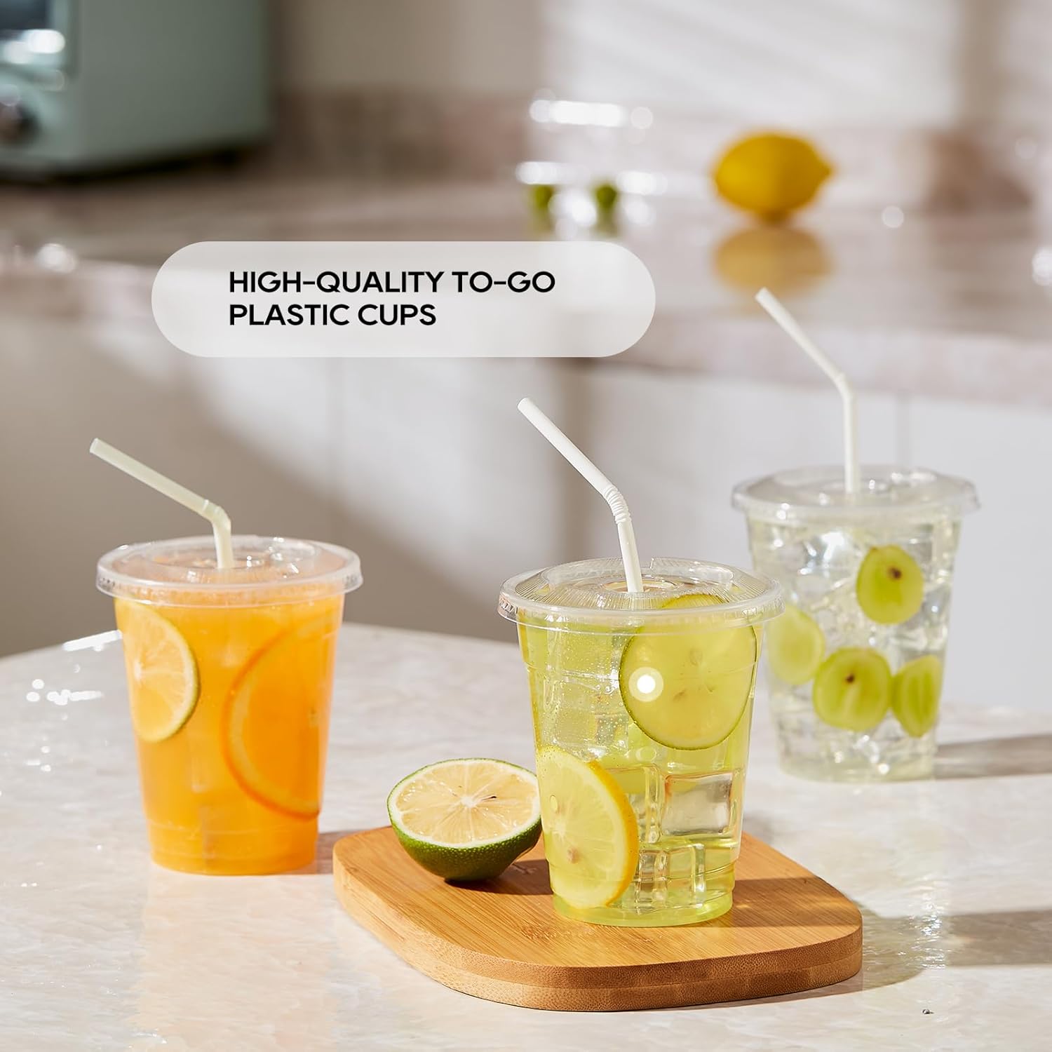 [100 Pack] 12 oz Clear Plastic Cups with Flat Slotted Lids, Disposable Drinking Party Cups for Iced Cold Drinks Coffee Tea Smoothie Bubble Boba - Image 6