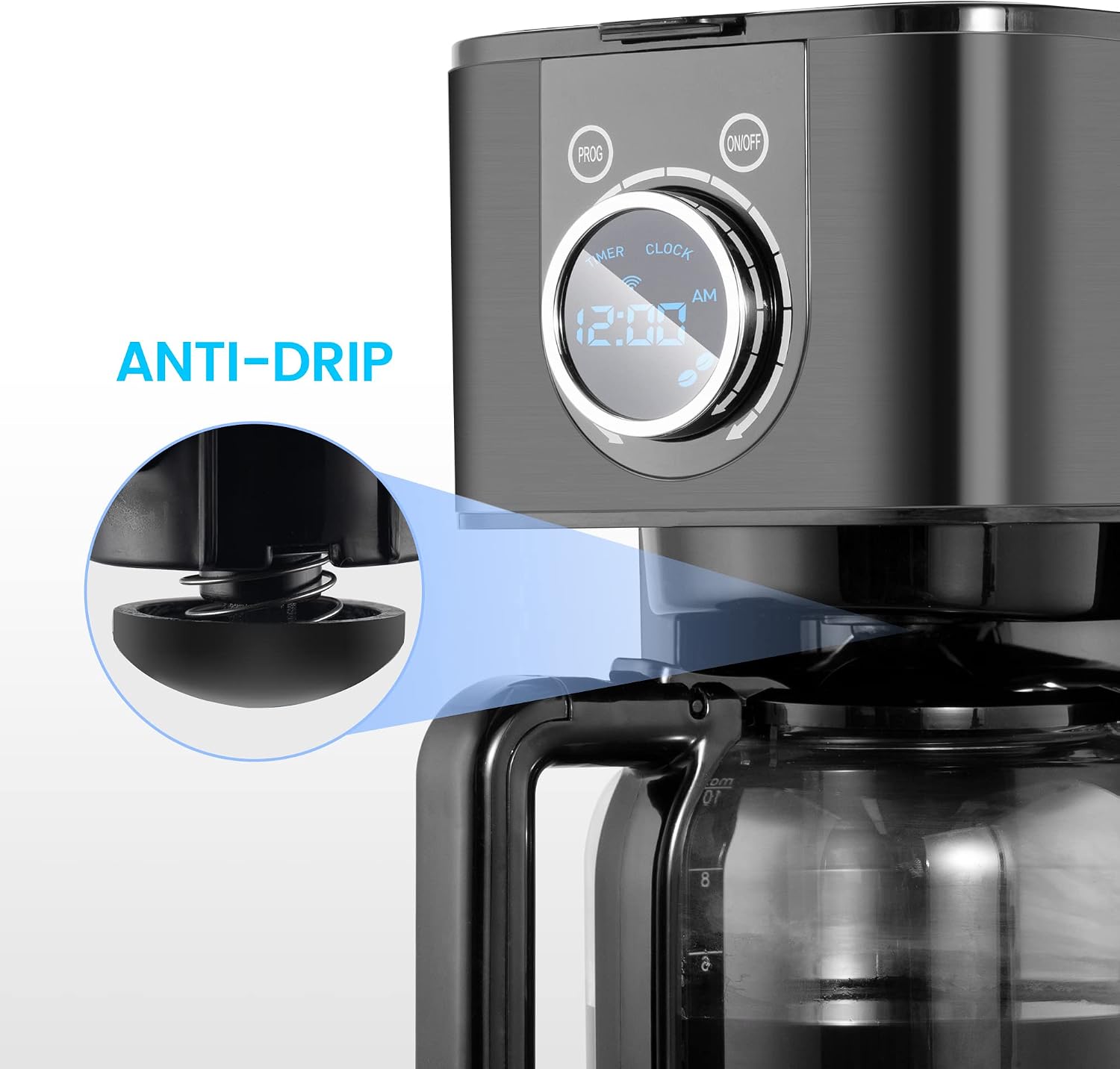 REDMOND Coffee Maker Electric, Programmable Stainless Steel 10 Cups Capacity Coffee Machine, Keep Warm with Brew Strength Control, LCD Screen - Black