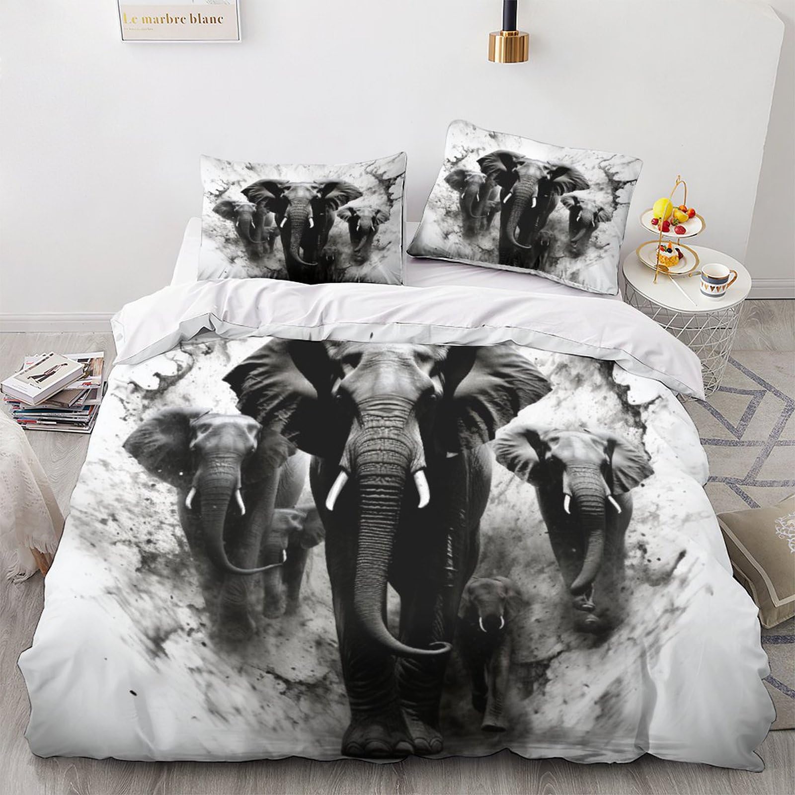 GEEYOU Elephant Warmth Duvet Cover Set Hidden Zipper Quilt Cover Set with Pillowcases Bedding Set Soft Microfiber African Elephant Comforter Cover Various Sizes for Kids Adults Double（200x200cm）