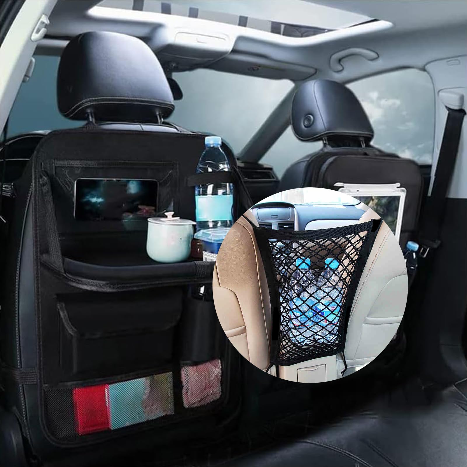 Lot de 2 sacchetti portaoggetti per sedile auto, organizer per sedile posteriore auto per bambini con supporto da tavolo pieghevole, dotato di rete portaoggetti centrale per sedile auto, sacchetti