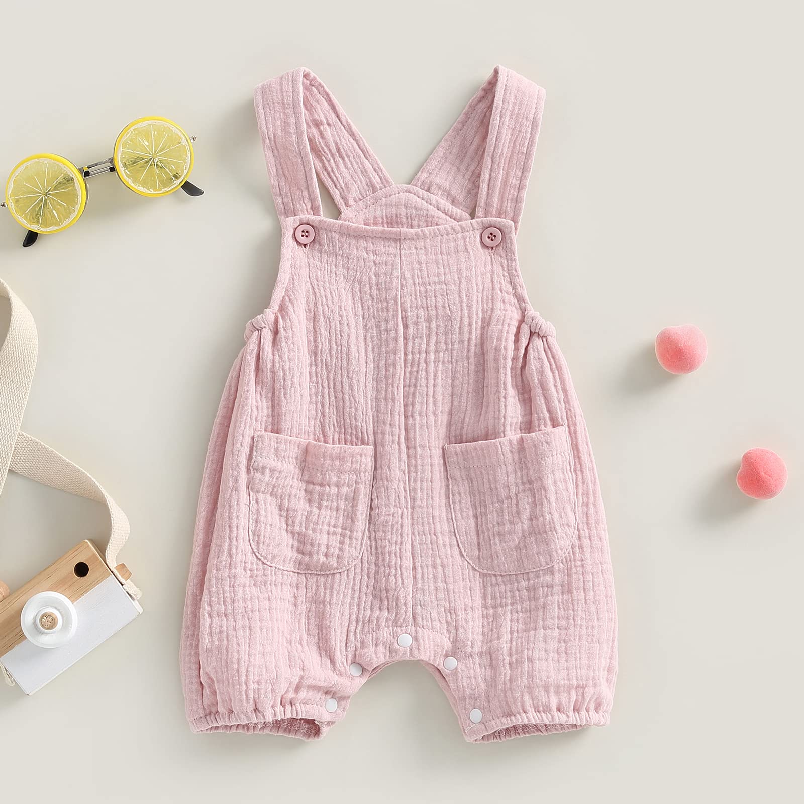 TheFound Infant Baby Girl Summer Romper Cotton Linen Sleeveless Coverall Suspender Bib Overalls Jumpsuit Casual Clothes (Pink, 0-6 Months)