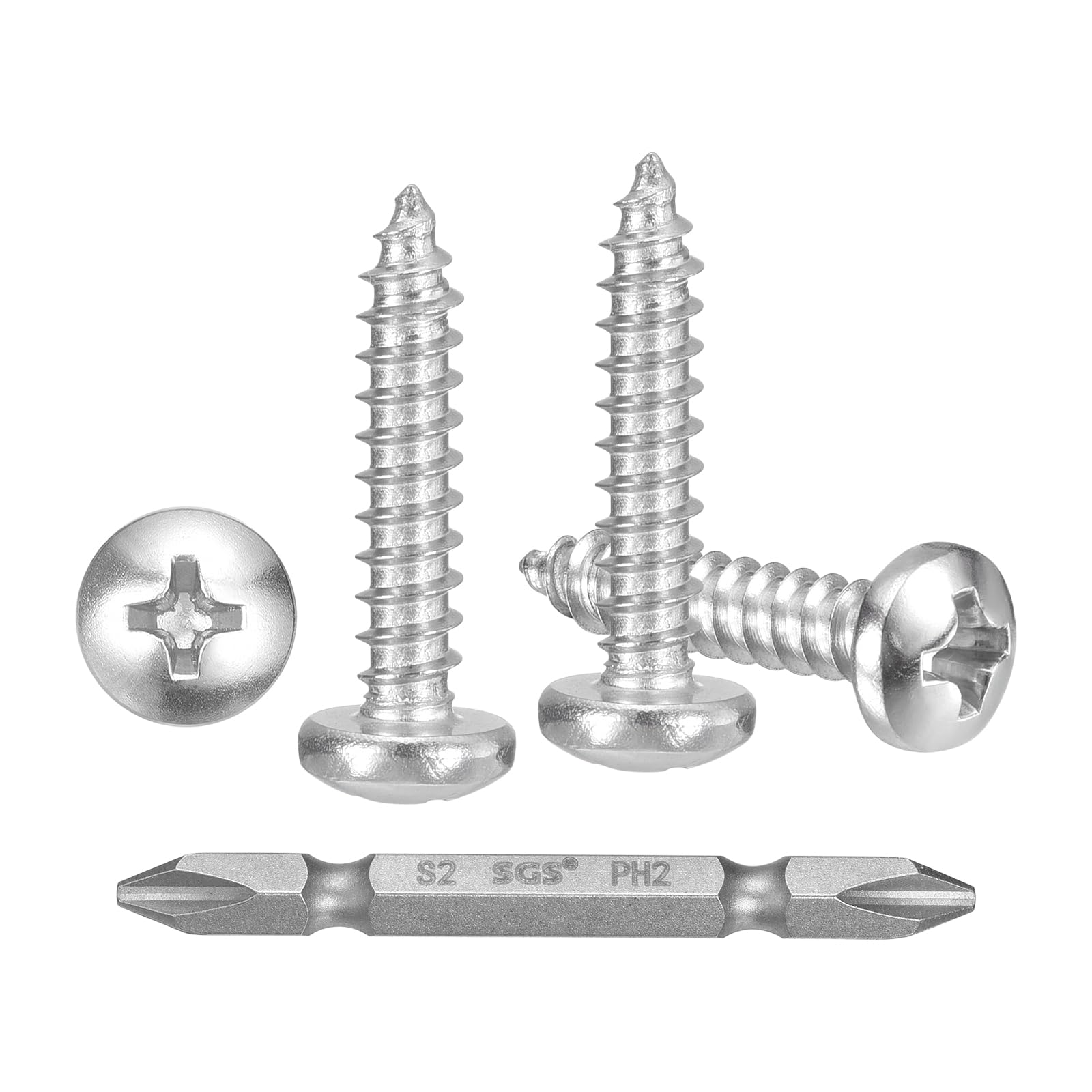 METALLIXITY Phillips Pan Head Self Tapping Screws(#6x5/8") 100Pcs, 304 Stainless Steel Self Drilling Screw for Metal Wood Plastic with Bit, for Cabinet Wall Shutter Plate Furniture, Silver