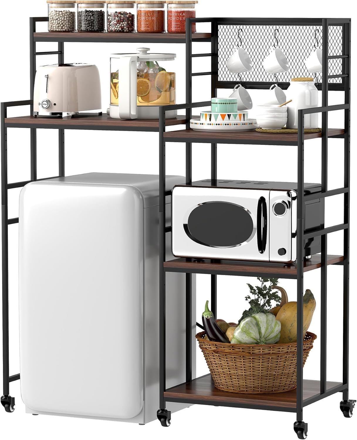 5-Tier Mini Fridge Cabinet with Storage Shelf, Industrial Style Coffee Bar Bakers Rack with Mini Fridge Space, Over Refrigerator and Microwave Stand, Mini Refrigerator Station for Dorm Kitchen