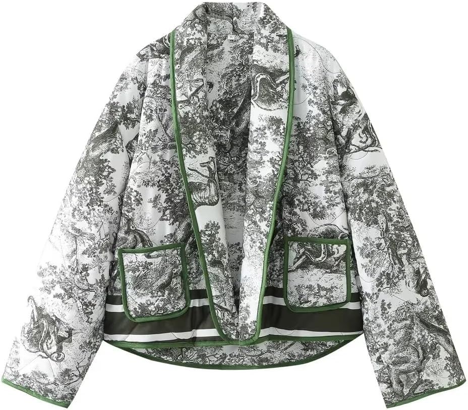 utcoco Womens Cropped Floral Printed Quilted Lightweight Jacket Open Front Padded Puffer Cardigan Coat with Pocket