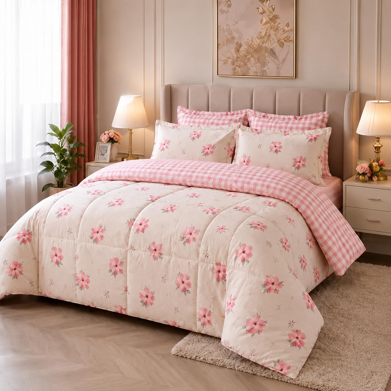 A S Global King Size 4 Piece Reversible Comforter Set with 2 Piloow Covers|Soft Microfibre AC Comforter|Aaall Season Bedding Set-image-33
