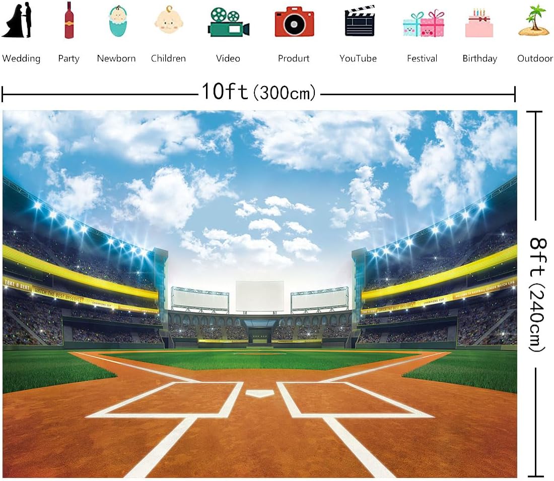 Baseball Backdrop Baseball Field Stadium Photography Backdrops for Sports Boys Birthday Party Decoration Banner Supplies (10x8FT(120x96 inch))