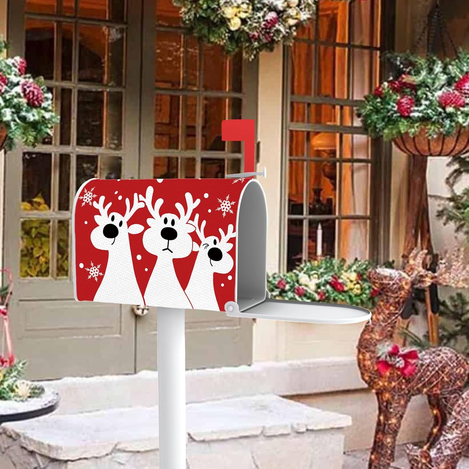 Christmas Reindeer Red Mailbox Cover Magnetic Standard Size 20.5" x 18", Xmas Snowflake Decorative Post Letter Box Wrap Decor, Winter Holiday Garden Yard Outdoor Decoration