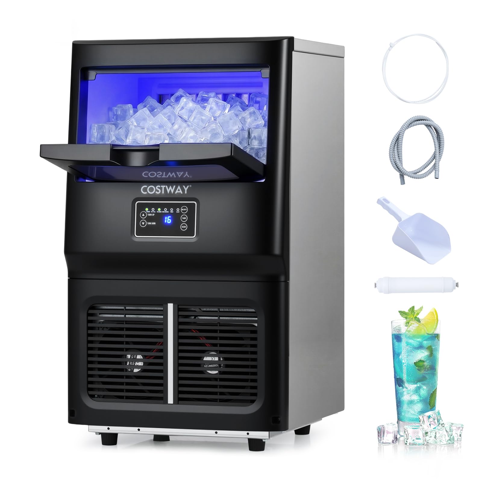 COSTWAY Machine à Glaçons Commerciale Professionnel, 25-30 kg/24 h, Ice Maker Acier Inoxydable, Auto-Nettoyage, Filtre à Eau, 24 Cubes par Cycle, Storage de 5 kg, Maison, Bar, Restaurant, Café