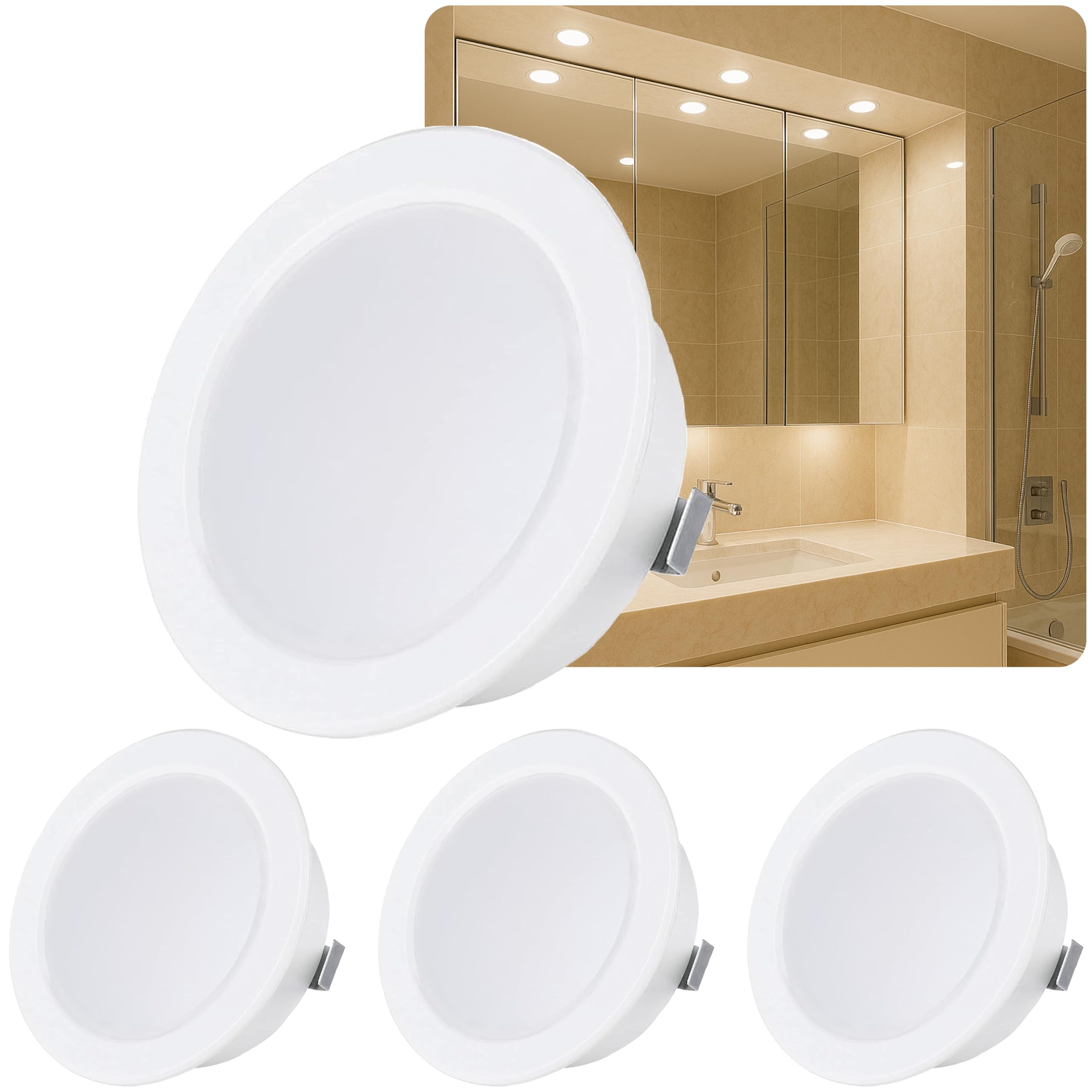 Sweet Led 4 faretti da incasso piatti, 12 V, IP44, 3,5 W, LED 3000 K, da incasso, rotondi, ultra piatti, per ambienti umidi, mobili, da incasso, per bagno, temperatura colore bianco caldo, bianco