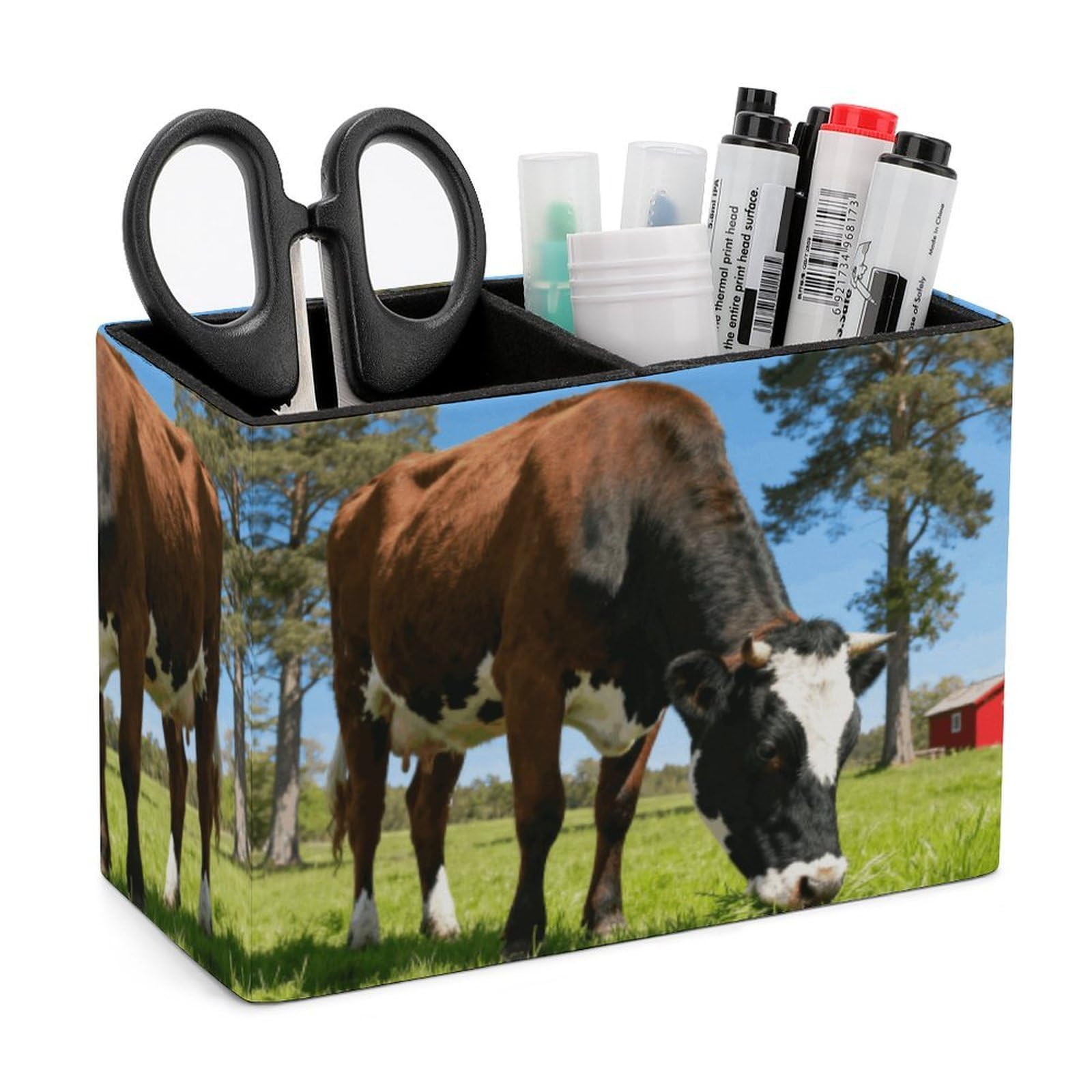 LZQPOEAS Exquisite Patterns PU Leather Pen Holder, Multifunctional Desktop Organizer Caddy with 2 Compartments, Farm Animals Pencil Cup Makeup Brush Holder for Office Home