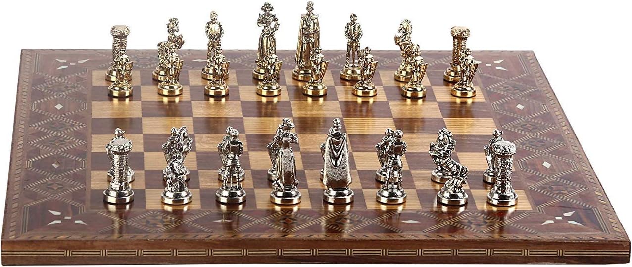 Medieval British Army Metal Chess Set for Adults, Handmade Pieces and Natural Solid Wooden Chess Board, Original Pearl Around Board King 2.75 inc