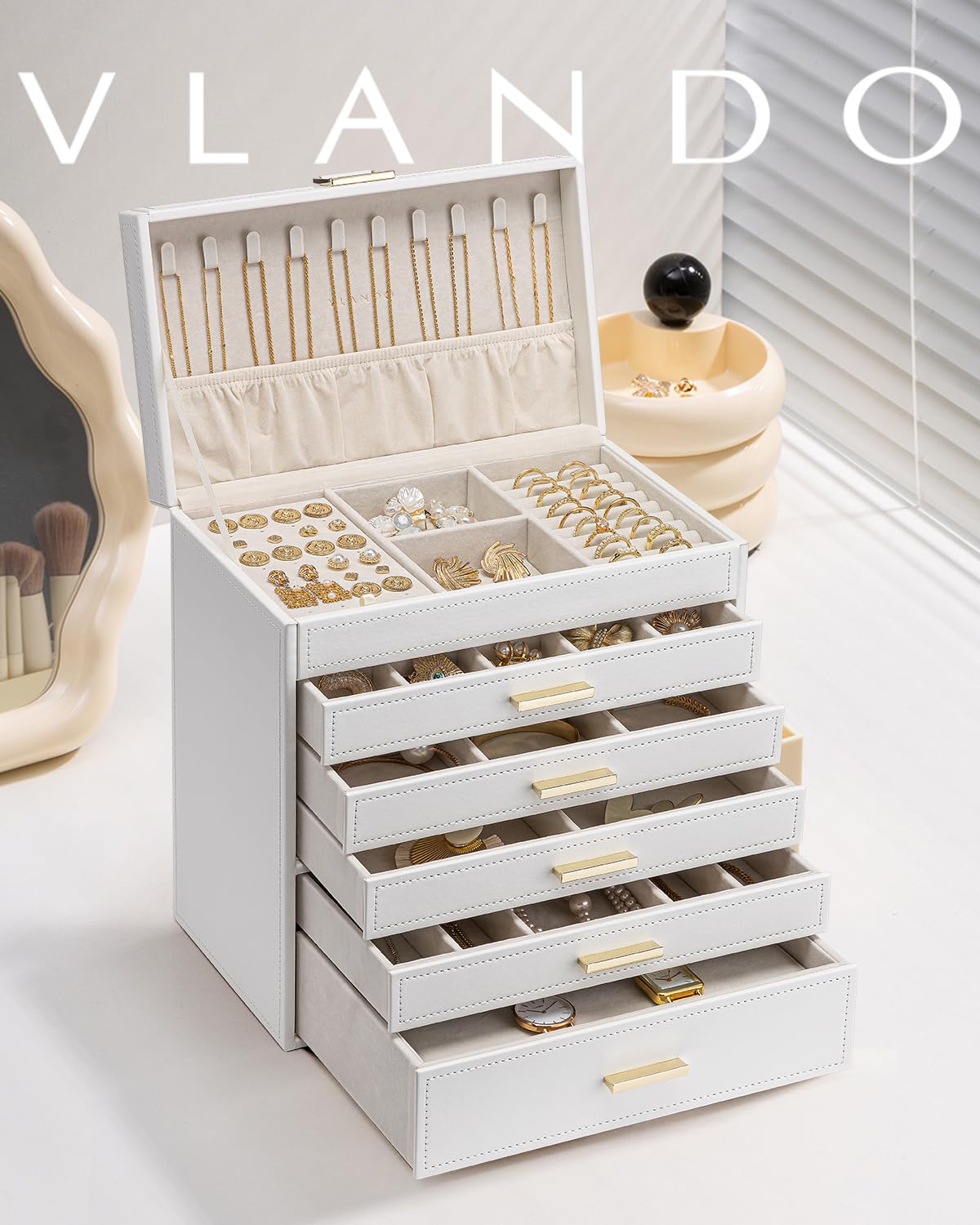 VLANDO Joyeros Mujer Organizador, Joyero Mujer de 6 Niveles | Joyeros mujer organizador grande, regalo para mujeres, para pendientes anillos joyas con cajones