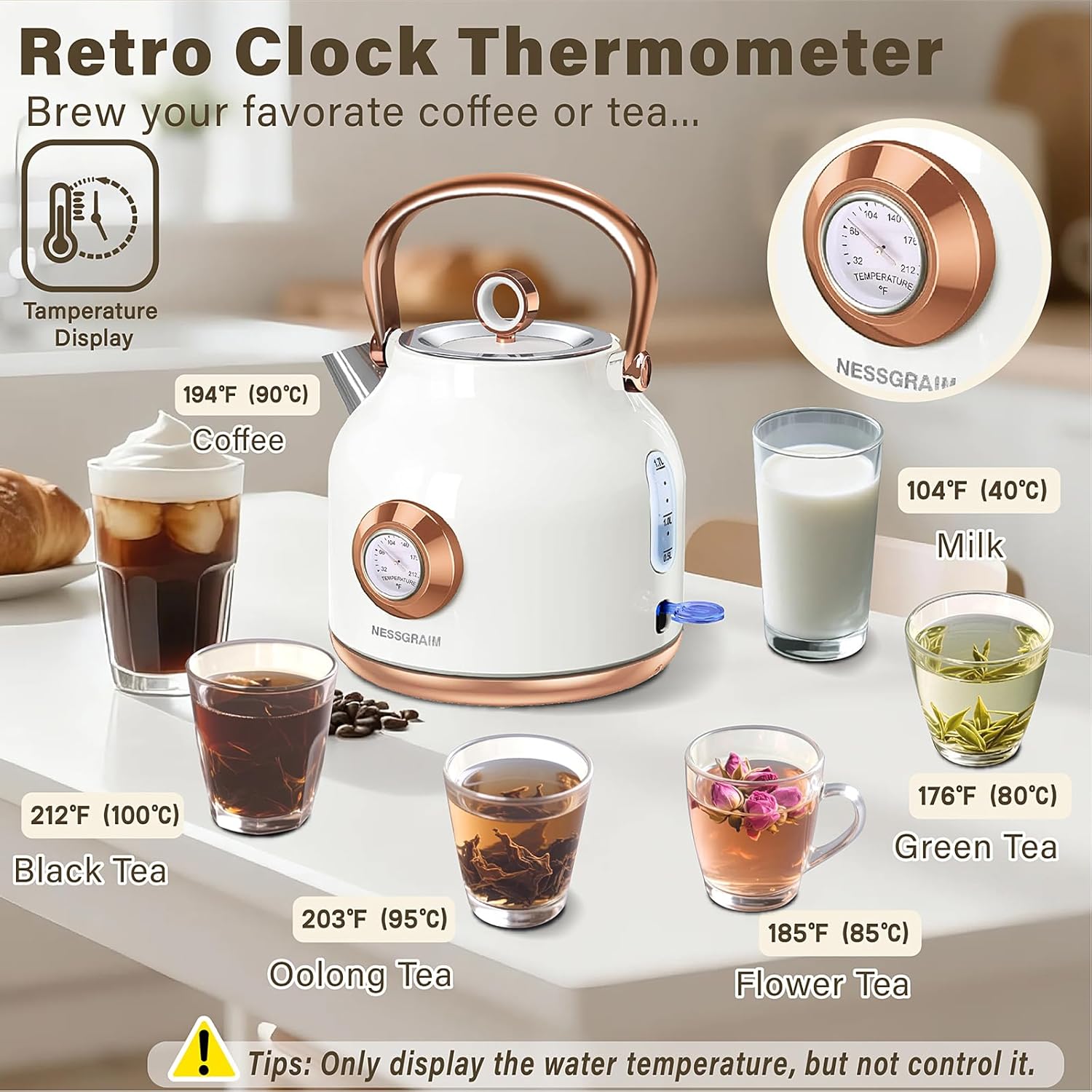 retro electric kettle, 1.7l stainless steel tea kettle with large temperature gauge, 1500w fast heating hot water boiler with led indicator, auto shut-off & boil-dry protection-reteo white retro white