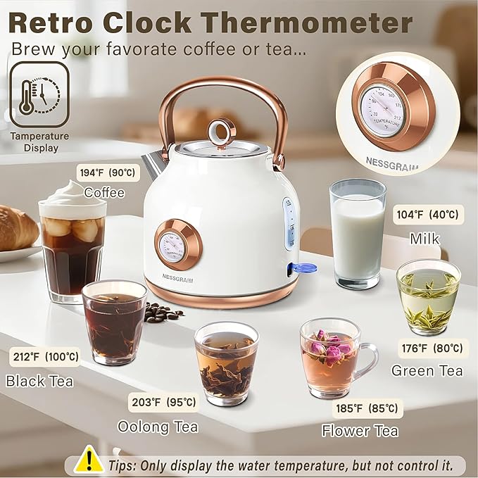 Tetera Eléctrica Retro 1.7L Acero Inoxidable NESSGRAIM Blanca miniatura 3