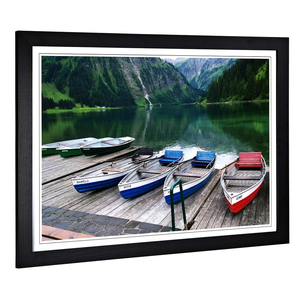 Big Box Art Framed Print of Boats on Jetty Lake & Mountains Design | Wall Art Picture | Home Decor for Kitchen, Living Room, Bedroom, Hallway, Black, A2 / 24.5x18 Inch / 62x45cm