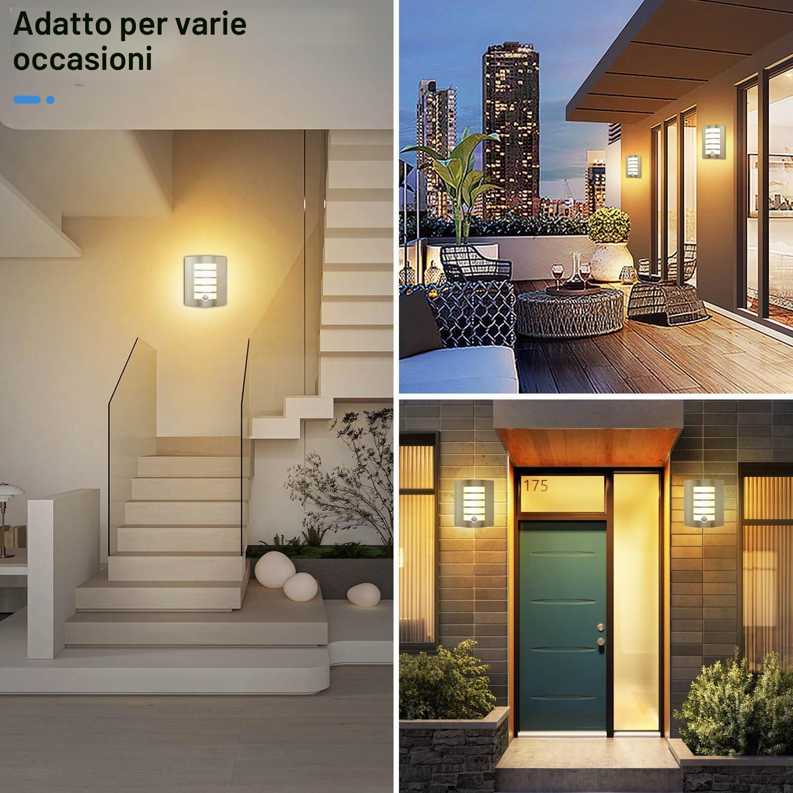 Applique da Esterno/Interno LED con Sensore di Movimento E27,Luce Caldo 12W 1200lm,Lampada da Parete Esterno IP44 Moderno Acciaio Inox ABS per Scala,Corridoio,Balcone,Villa bagno