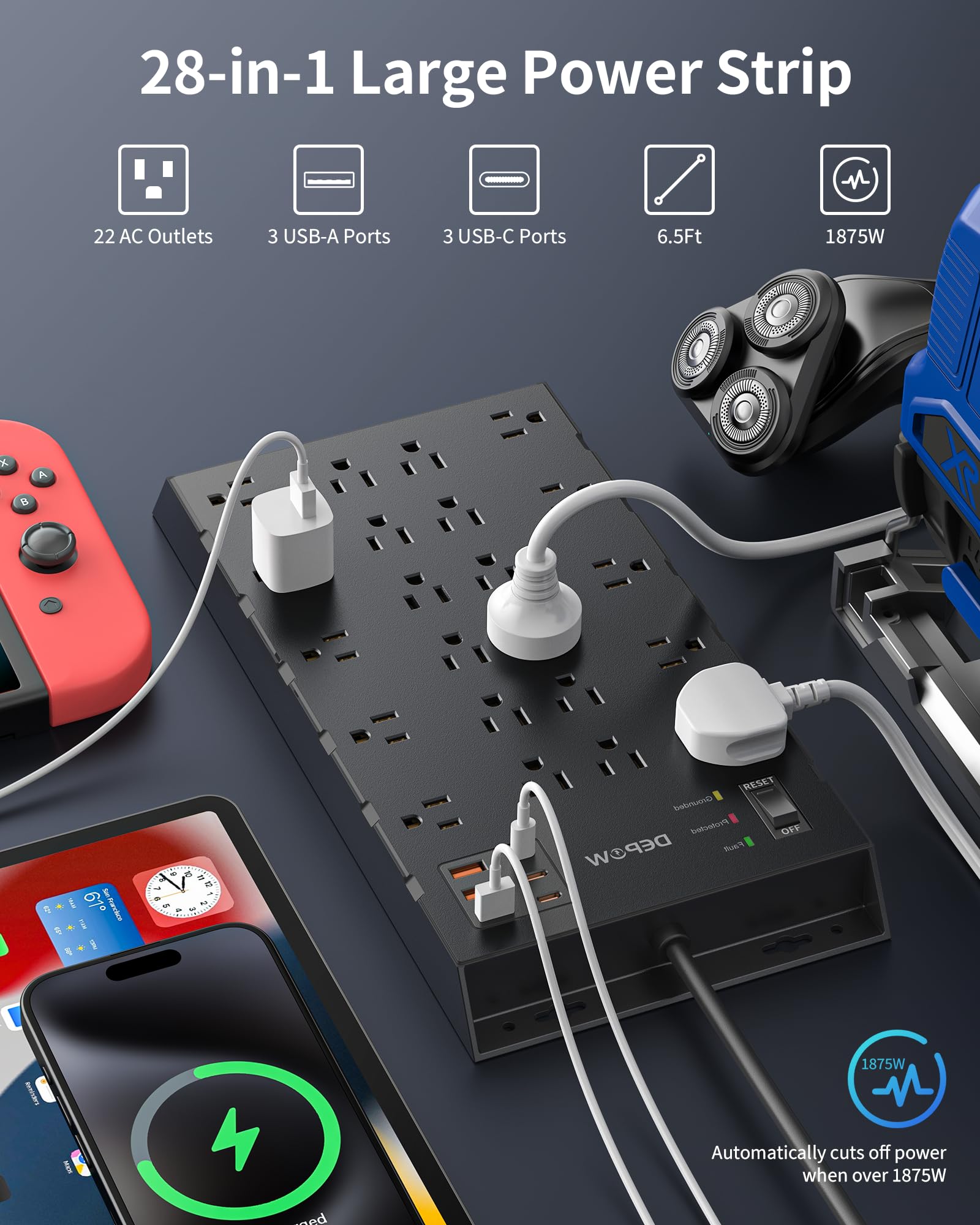 DEPOW Surge Protector Power Strip, 6.5FT Long Flat Plug Extension Cord with 22 AC Outlets (1875W/15A), 6USBs (3 USB-C Ports), 2100J Surge Protection, Wall Mountable for Gaming, Office, Home, Black