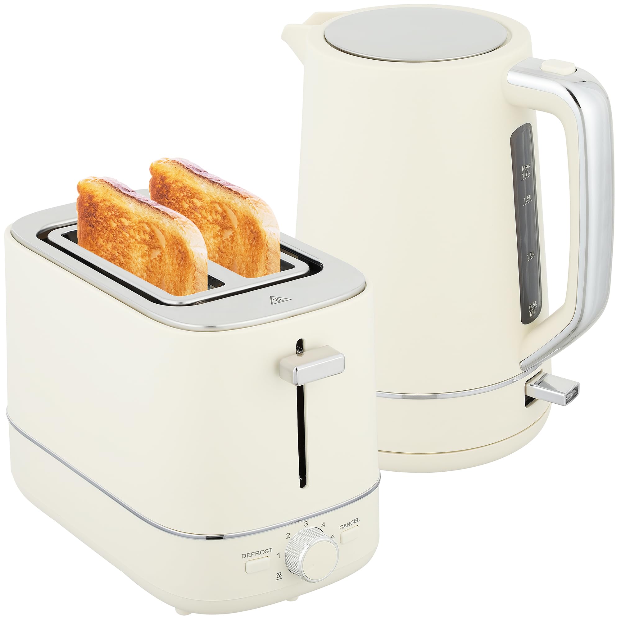 HOMCOM Hervidor Tostador 2200 W 1.7L Hervidor, tostador de 2 discos, 6 niveles de tostado, recalentar y descongelar, set de desayuno con termostato UK Otter, filtro antical y bandeja recogemigas Beige