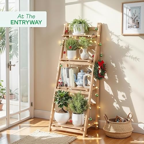 Miniatura 6 de IDZO 4 Tier Wooden Ladder Shelf 44 in Bookcase Ladder Shelf Storage Shelves Rack Shelf Unit for Office and Home 44 x 16.5 inches Natural Marrón