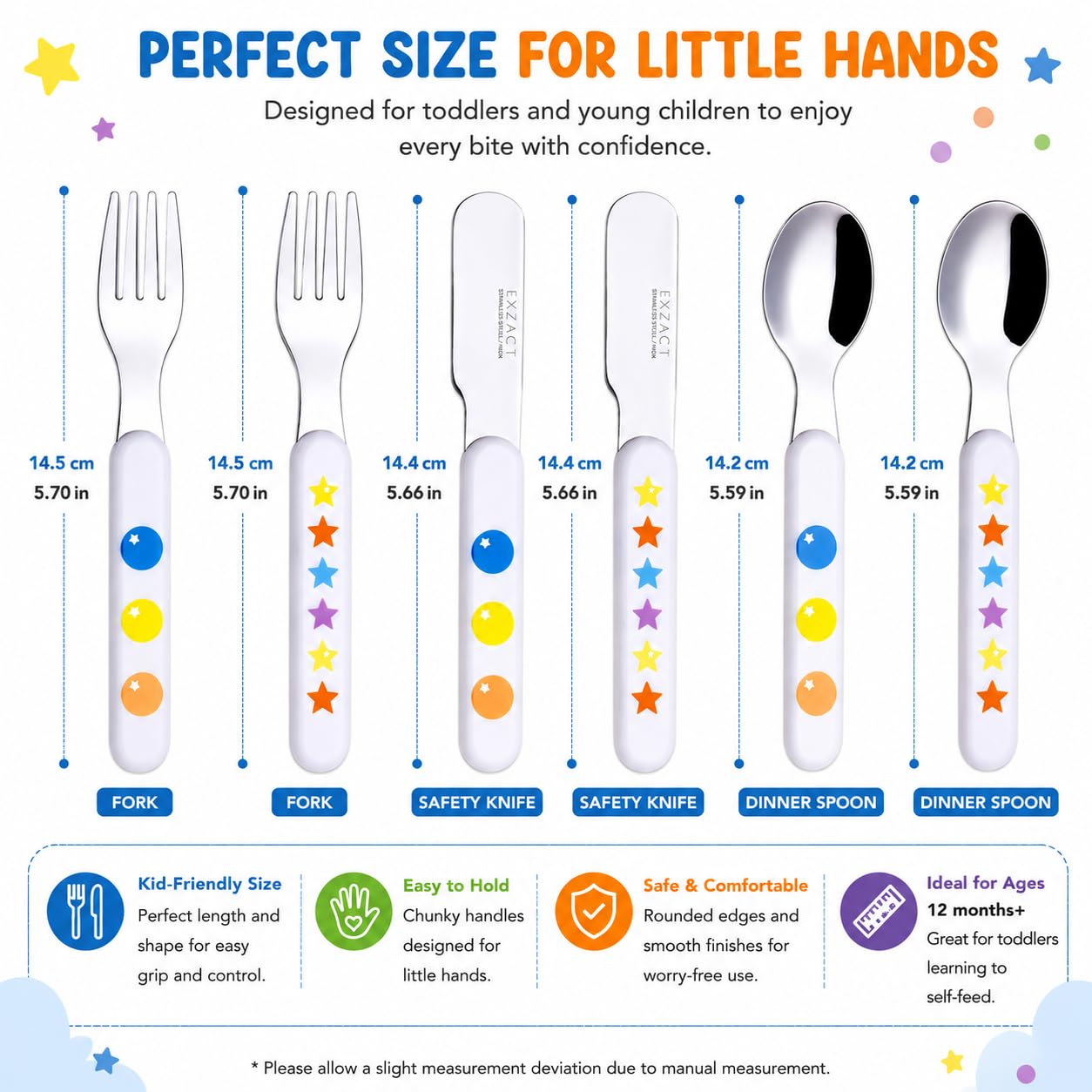 Exzact Cubiertos Infantiles 6 Piezas de Acero Inoxidable 18/10-2 x Tenedores, 2 x Cuchillos de Seguridad, 2 x cucharas, Mango de plástico, Cubertería Infantil sin BPA - Estrellas y Puntos