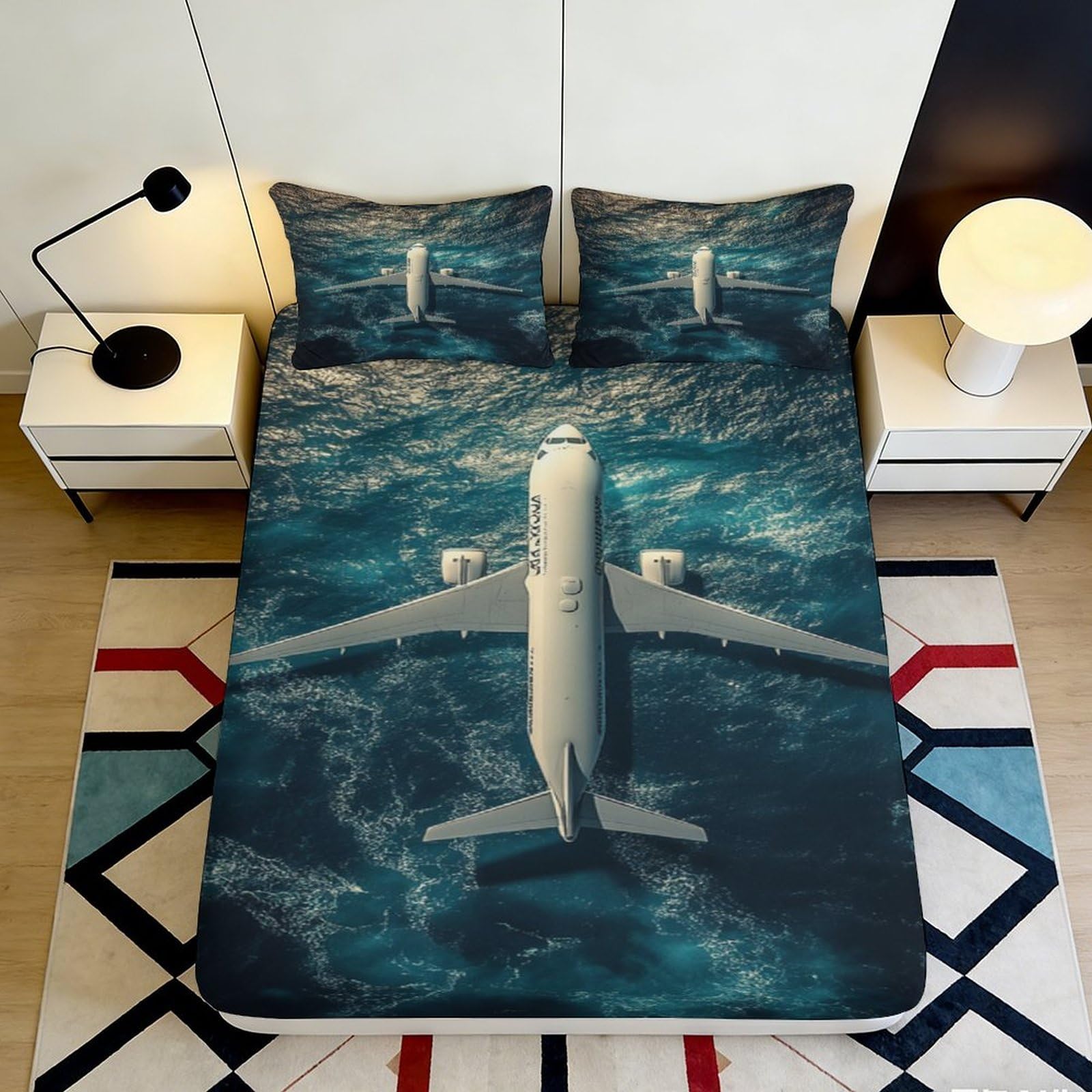 3D Printed Airplane Ocean Fitted Sheet Microfiber Soft Breathable Sky Bed Cover for Bedroom Dorm Decor Mattress Protection 90x200x25cm