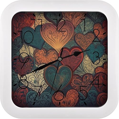 10" Square Modern Wall Clock,Different Heart Patterns Print Kitchen Clocks Wall Battery Operated,Silent Non Ticking Unique Funny Cute Wall Clock for