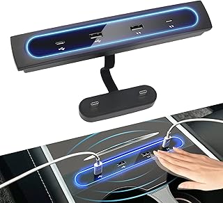 Upgrade Auto Switch LED Light USB Hub for 2021 2022 2023 Tesla Model Y 3, Docking Stations Accessories with Displacement Sensor, Compatible Center Console Smart Sensor