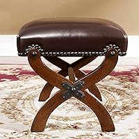 Vista 4 de Reposapiés de cuero otomano de madera, taburetes rústicos para pies, reposapiés de madera, reposapiés rectangular, otomana pequeña para sala