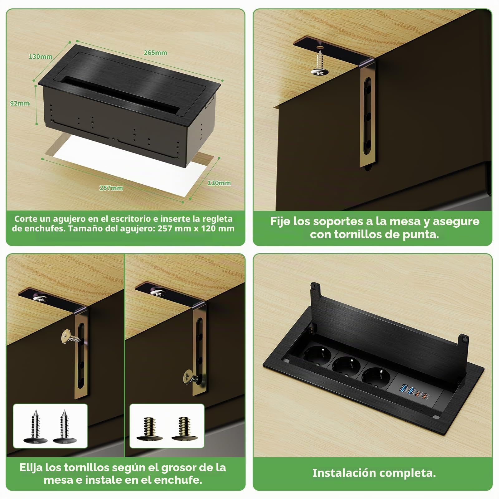 Regleta de Mesa con USB C PD30W, Enchufe Empotrable 3 Tomas con 4 USB, Regleta Enchufe Empotrable para Escritorio Muebles o Superficies de Trabajo, Mesa de Conferencia, 1,8 m Cable, Negro