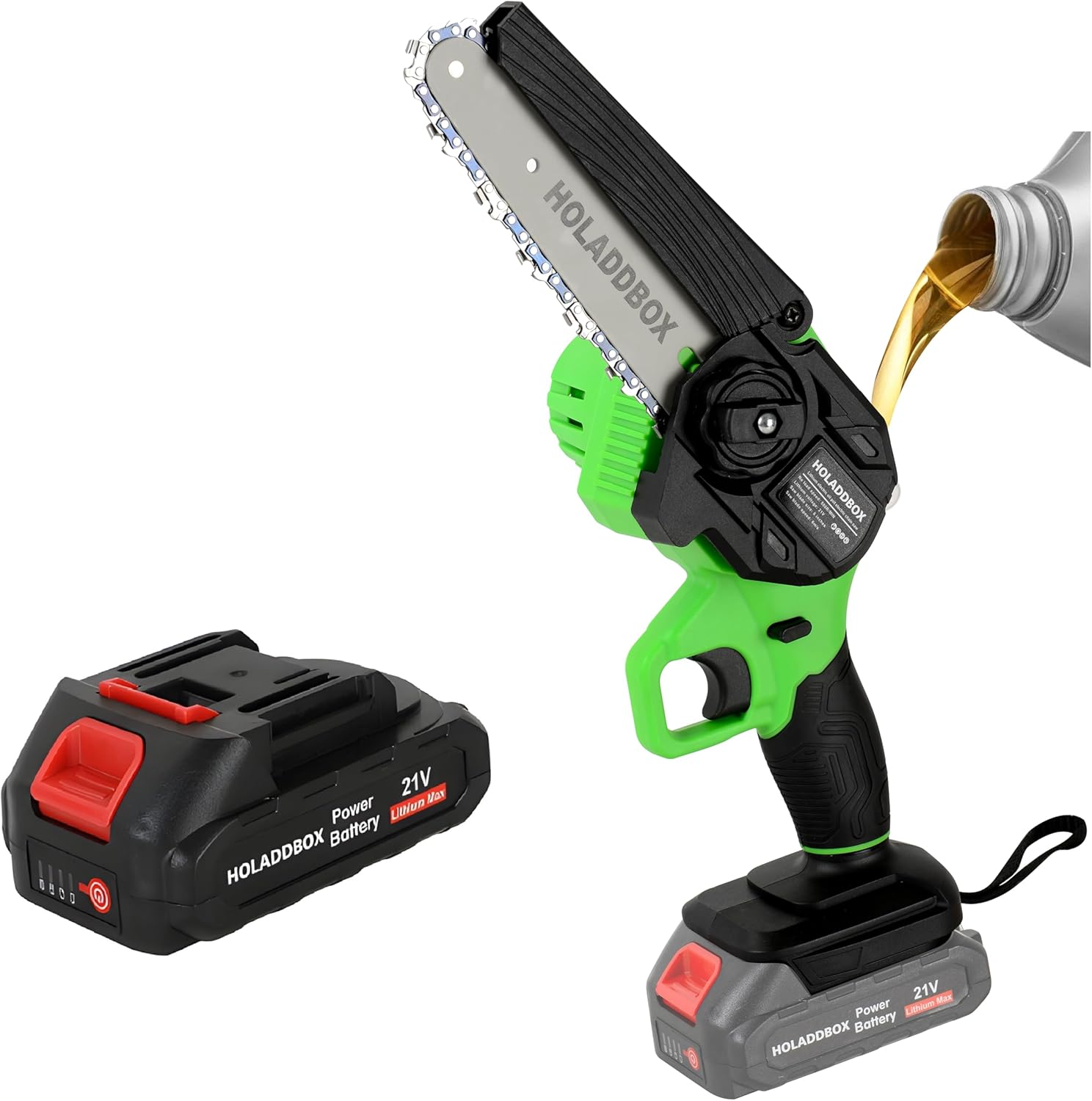 S7 21V Lithium Ion Battery powering a mini electric chainsaw