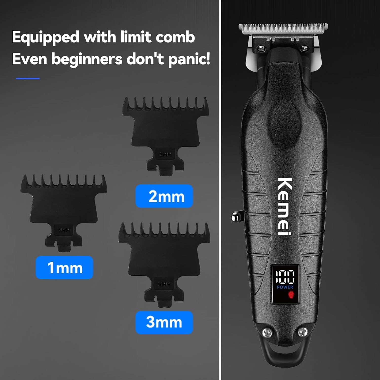 KEMEI 2293 Professional Zero Gap T-Blade Hair Trimmer for Men, Black | 6000 RPM, All-Metal Body Haircut Clipper, Cordless, Cuts Thick Smoothly, DLC Blade, No Pulling No Irritationcuts, Home use