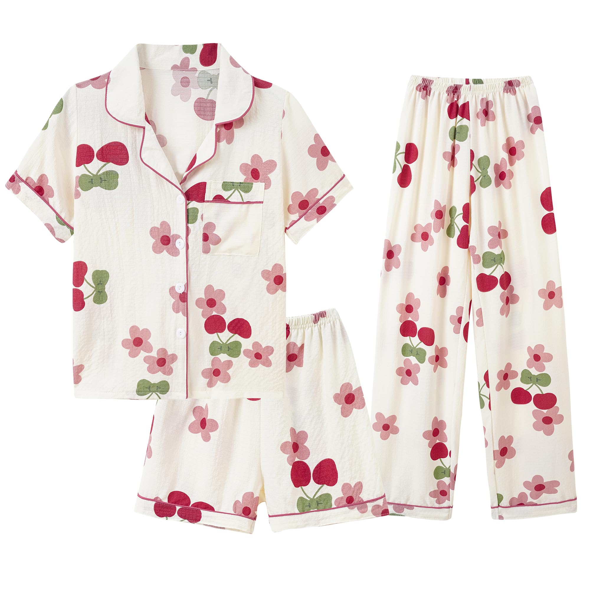 Hupohoi Big Girls Button Down Pajama Set 3pcs Crepe Fabric Sleepwear Nighty