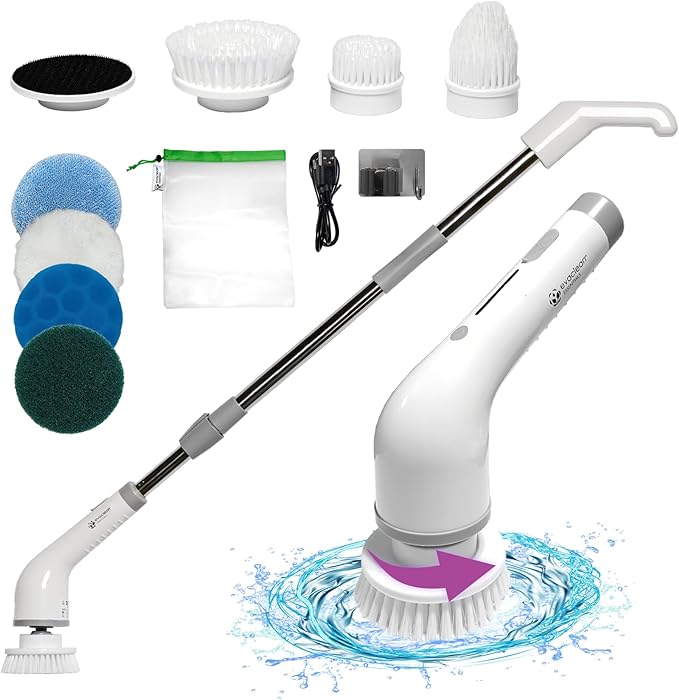 Evaclean Essentials Electric Spin Scrubber - Bathroom Cleaning Brush for Shower, Tub, Home, Up to 400rpm Power, Cordless, 90-Min Runtime, LED Indicator, 7 Brush Heads, 2 Speeds, Ergonomic Long Handle