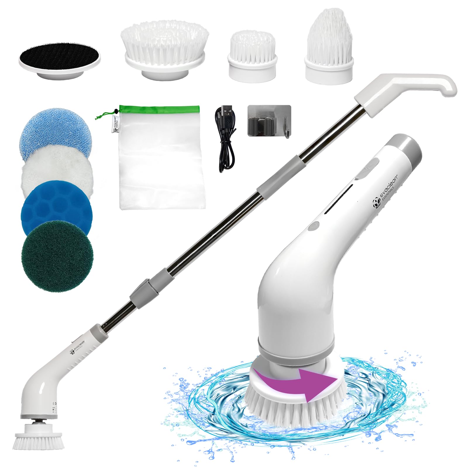 Evaclean Essentials Electric Spin Scrubber - Bathroom Cleaning Brush for Shower, Tub, Home, Up to 400rpm Power, Cordless, 90-Min Runtime, LED