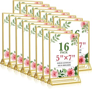 Gold Acrylic Sign Holder 5x7, 16 Pack Wedding Gold Frame Table Number Holders Vertical, Clear Picture Frames Flyer Stands Tables Menu Holder, Double Photo Paper Display Holder for Party, Home, Office