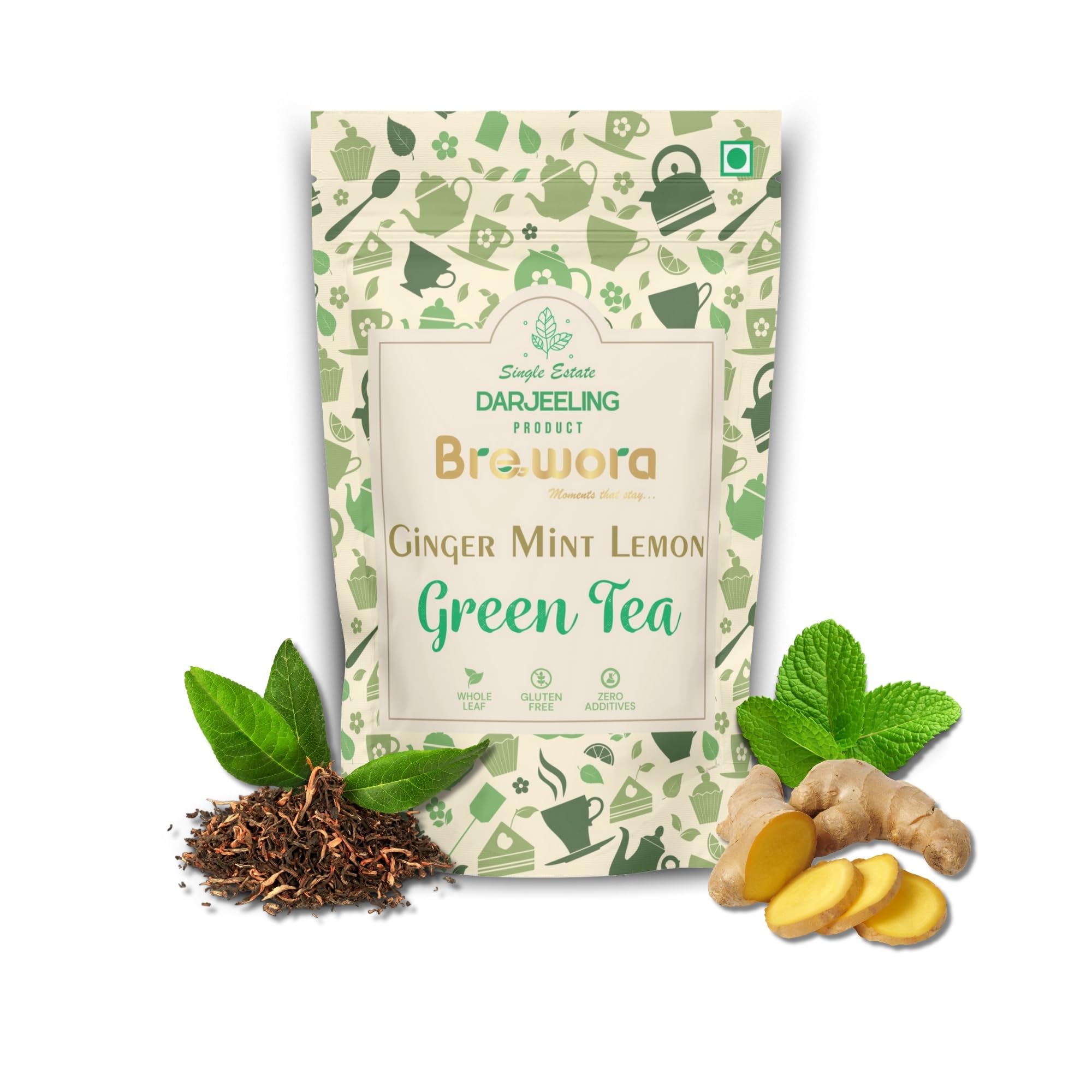 Brewora Ginger Mint Lemon Green Tea – Zesty Green Tea Blend with Natural Ginger, Mint & Lemon Flavors | Energizing & Refreshing | (100 gm)