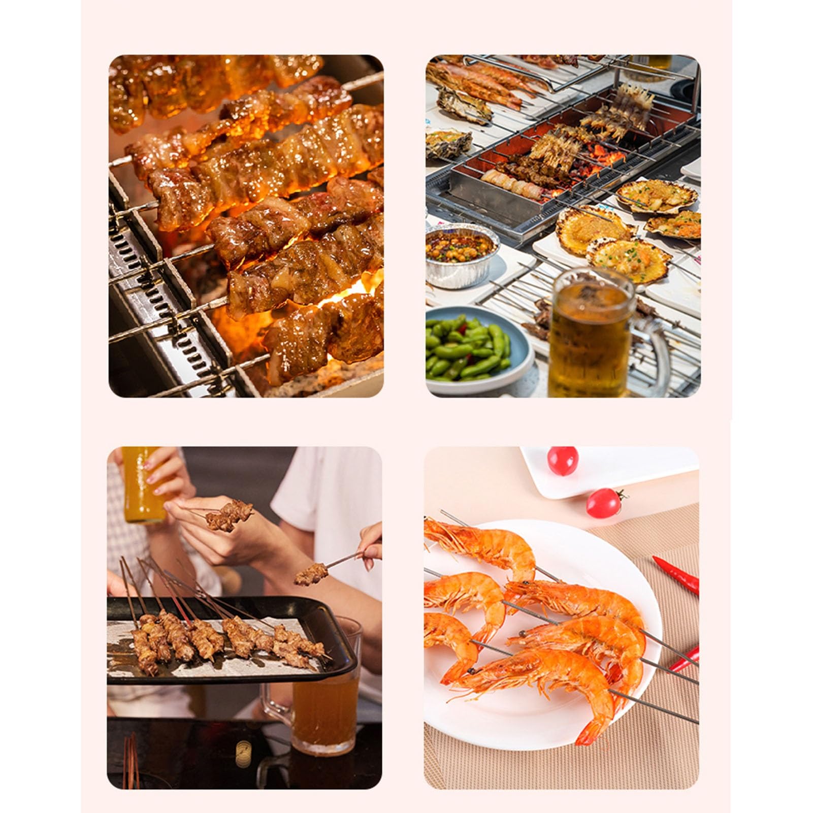 Sepkus Brochetas Kabob con Mango de Madera Antideslizante, barbacoas Planas y Anchas, brochetas de Acero Inoxidable para Asar, para Carne, camarones, Pollo y Verduras (50)