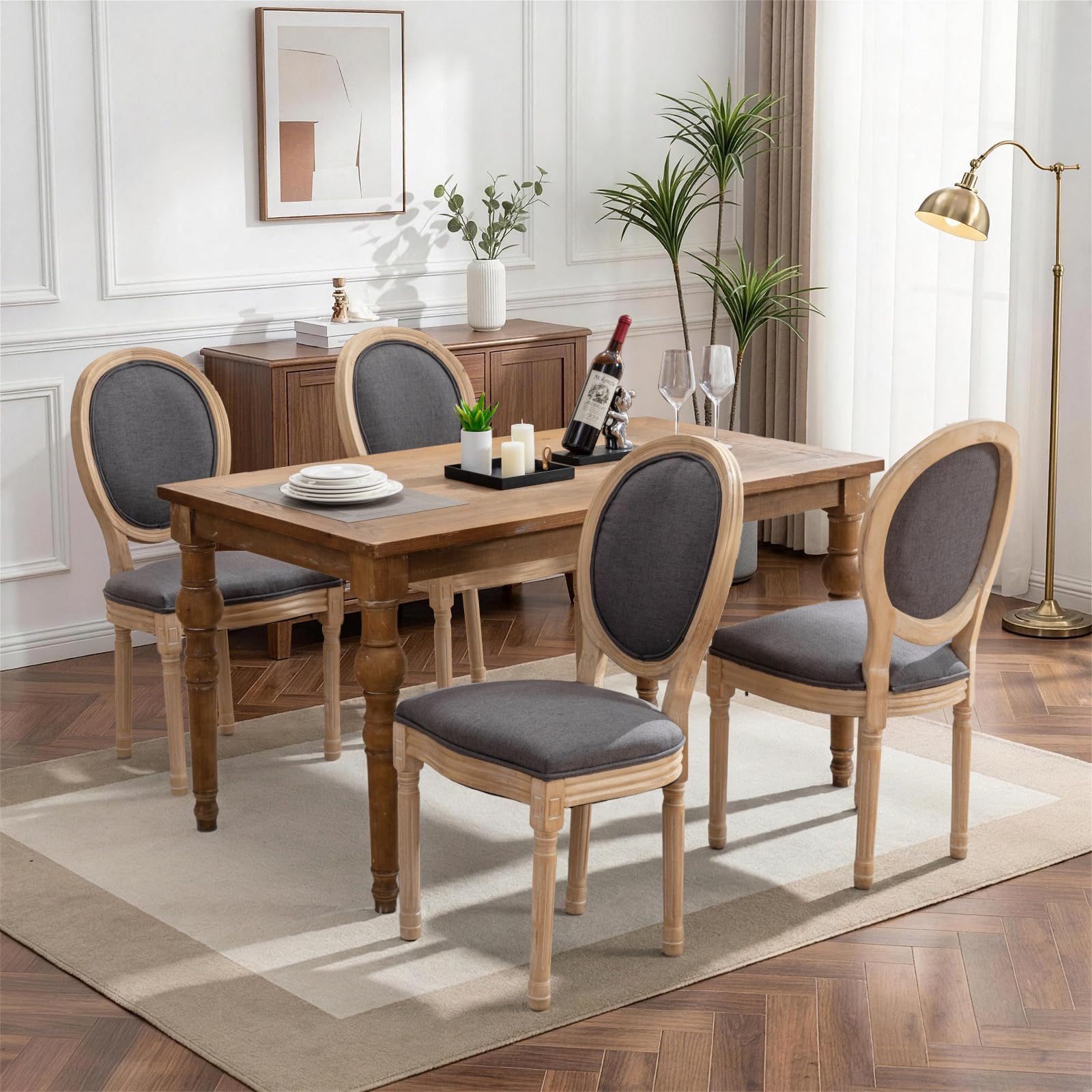 SoarFlash French Dining Chairs Set of 4, Vantage Linen Dining Chair with Round Back, Farmhouse Country Dining Chair for Living Room,Kitchen,Restaurant
