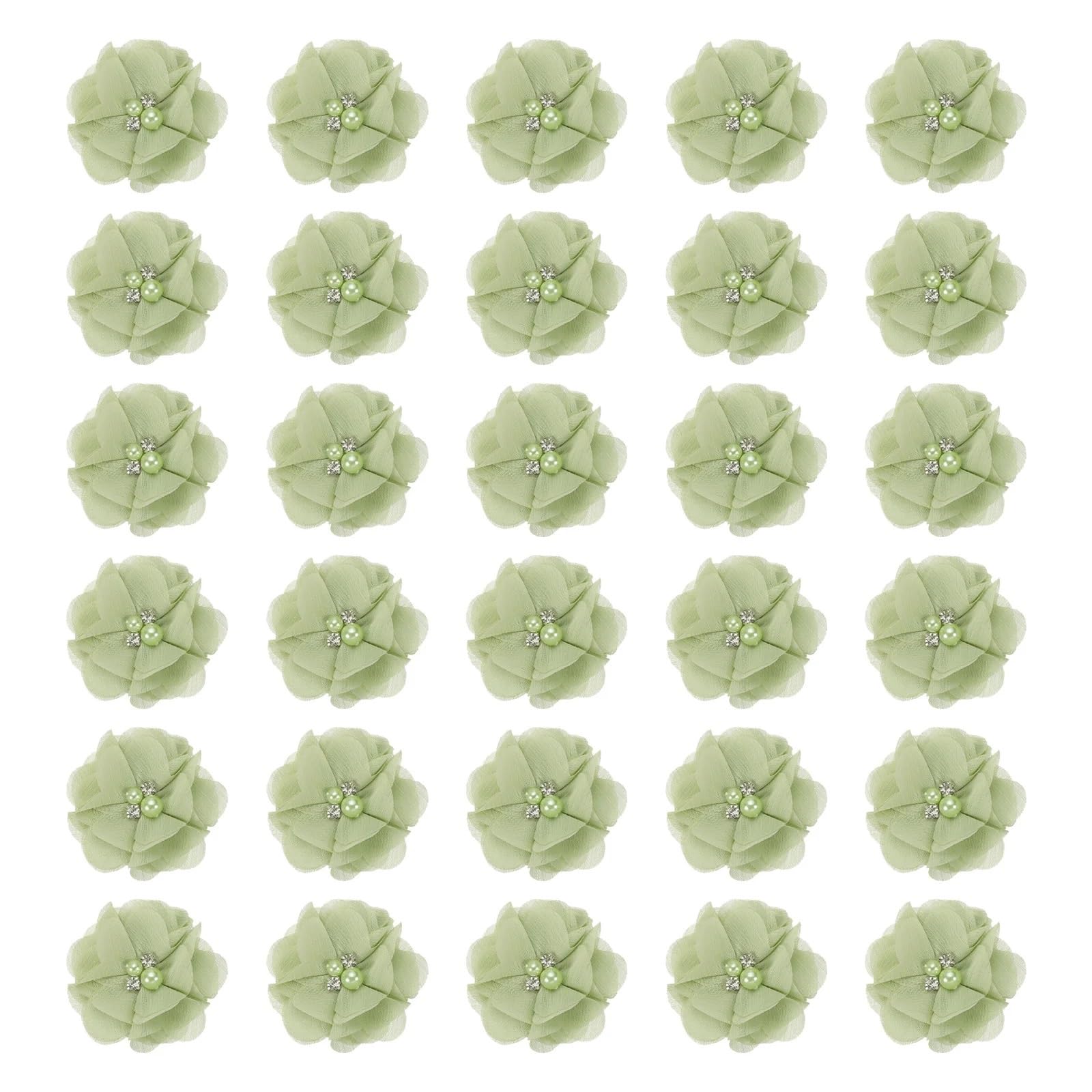 MDSRFGN Fabric Flowers 12/30pcs Chiffon Flowers Rhinestone Pearl Sewing Fabric Artificial Appliques For Clothing Wedding Craft(Green,30Pcs)