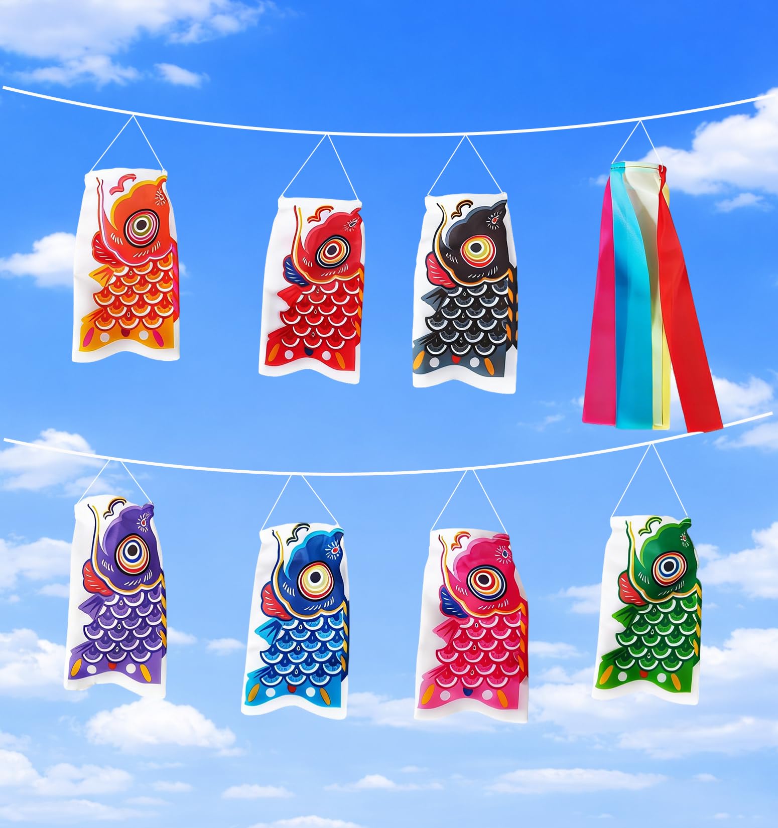 YonTens Mini Koinobori 7 Carp Streamer 5 Color Outdoor Indoor 10in