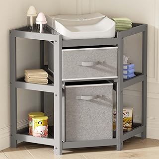 XJD Changing Table, Corner Baby Changing Table Dresser with 2 Storage Drawers, Diaper Changing Station with Pad for Nursery (Grey)