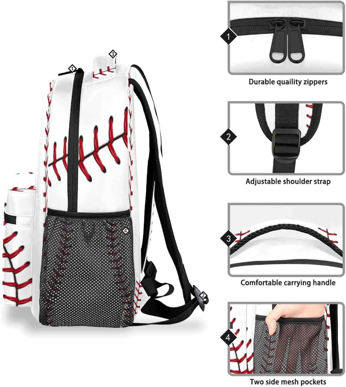 Baseball Ball Print Pattern Large Backpack Rucksack Book Bag Travel Hiking School Bag for Adult Boys Girls - Image 5