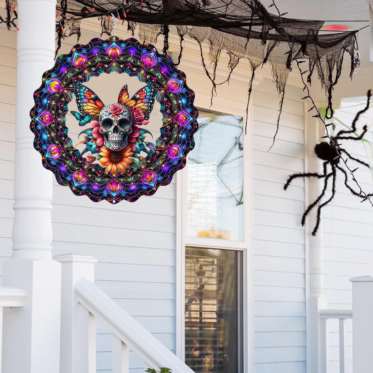 Halloween Wind Spinner Stainless Steel Sugar Skull Wind Hanging Halloween Decor Spinners Sculpture for Indoor Outside Yard Garden Decor Holiday
