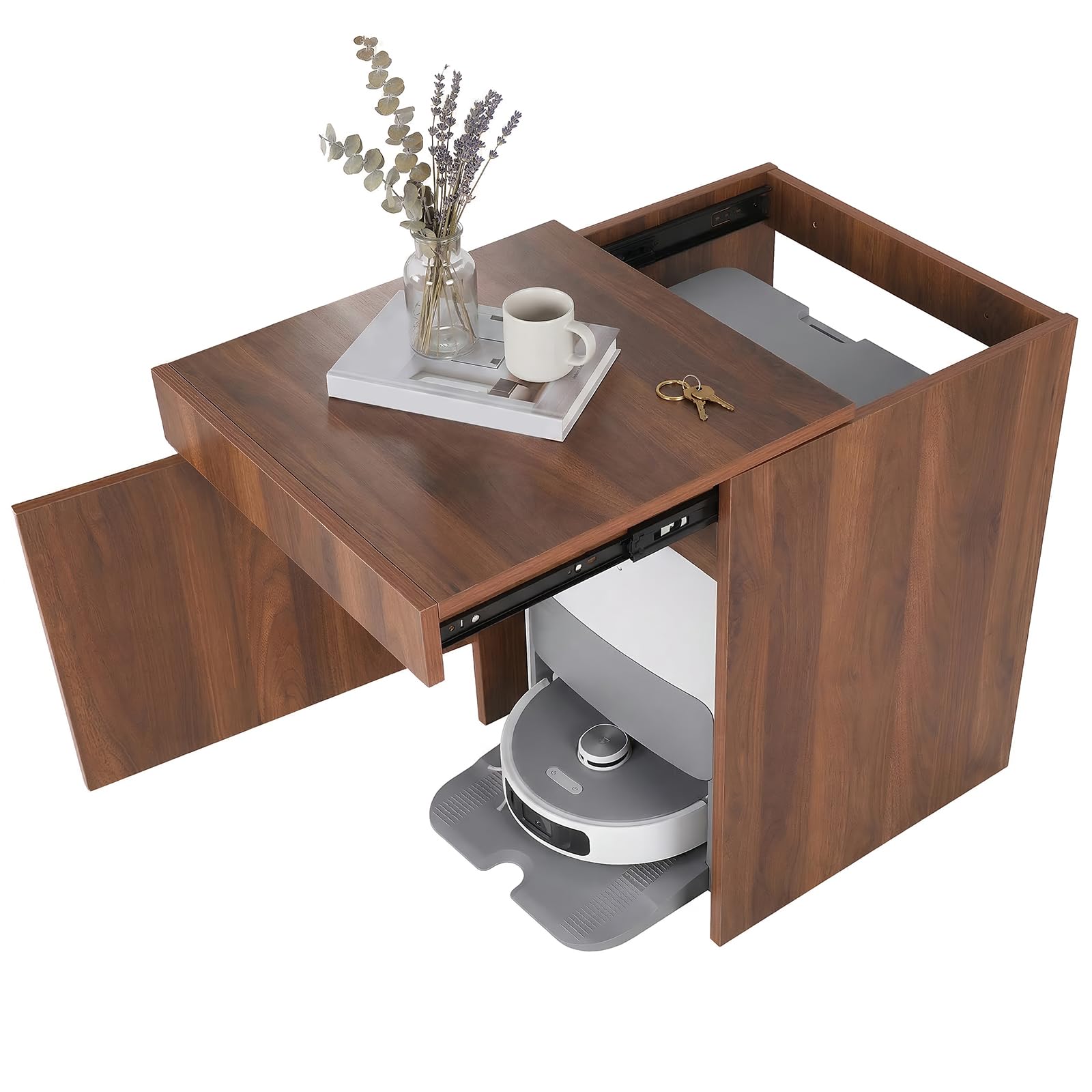 Robot Vacuum Storage Cabinet with Doors Robot Vacuum Cabinet with Pull-Out Top Wood Freestanding Rack for Small Space Bedroom Kitchen Office Home